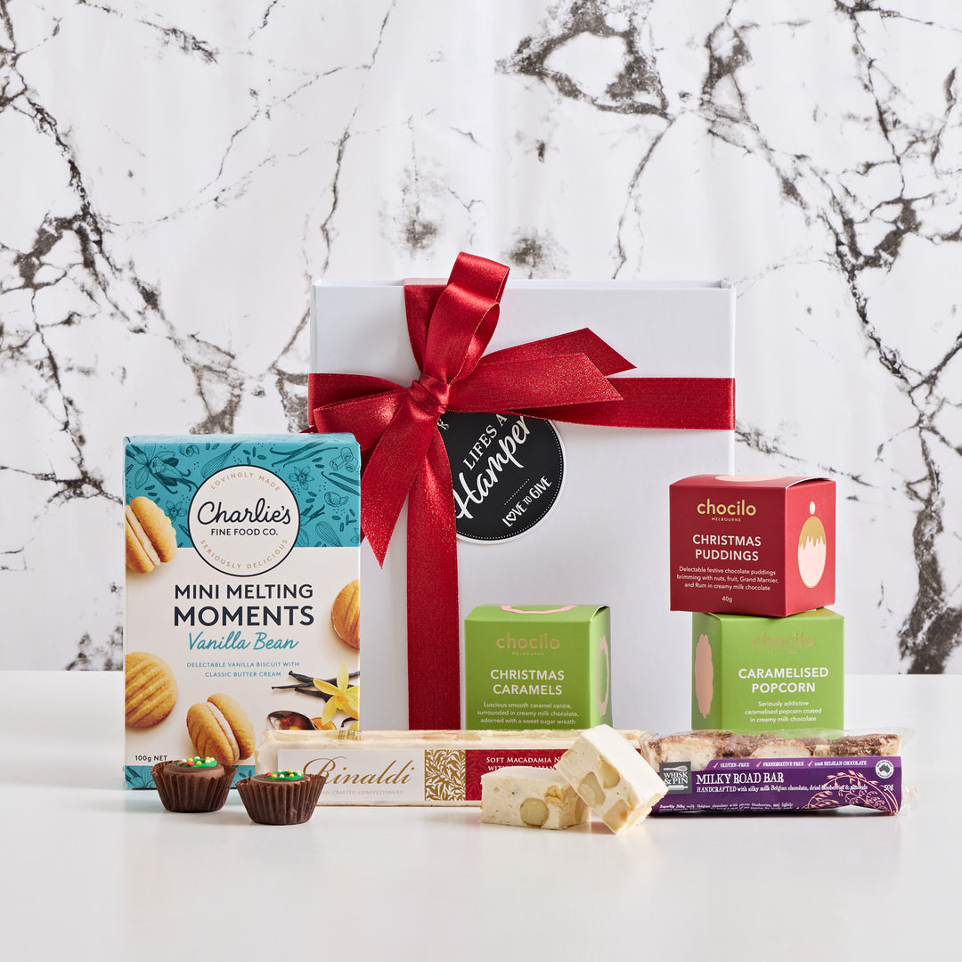 Christmas delights is a great gift for family, friends, client and staff. It comes with a variety of sweet treats including Charlie's Fine Foods Vanilla Bean Melting Moments.