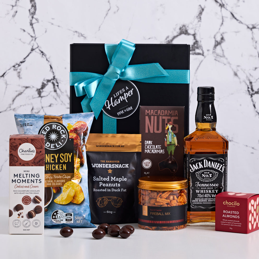 Jack Daniels Whisky & Chips comes with a bottle of Tennessee Whisky and a variety of sweet & savoury snacks. Surprise them today with our Jack Daniel's Whisky & Chips Hamper.
