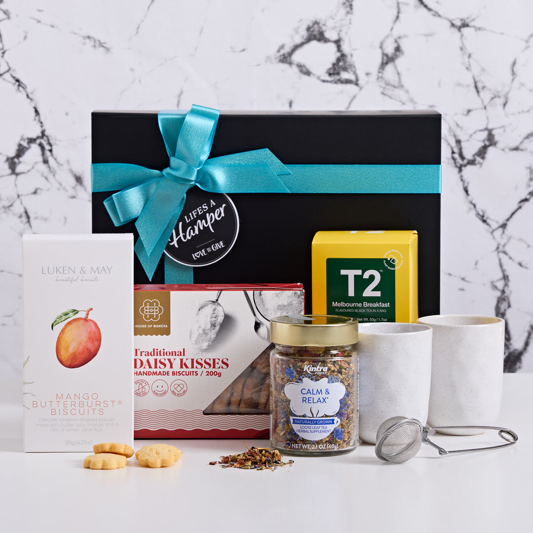 Tea for two is a great gift for tea enthusiast. It comes with two Ecology tea cups, T2 tea, Kintra Foods Calm & relax tea and a few boxes of delicious cookies.