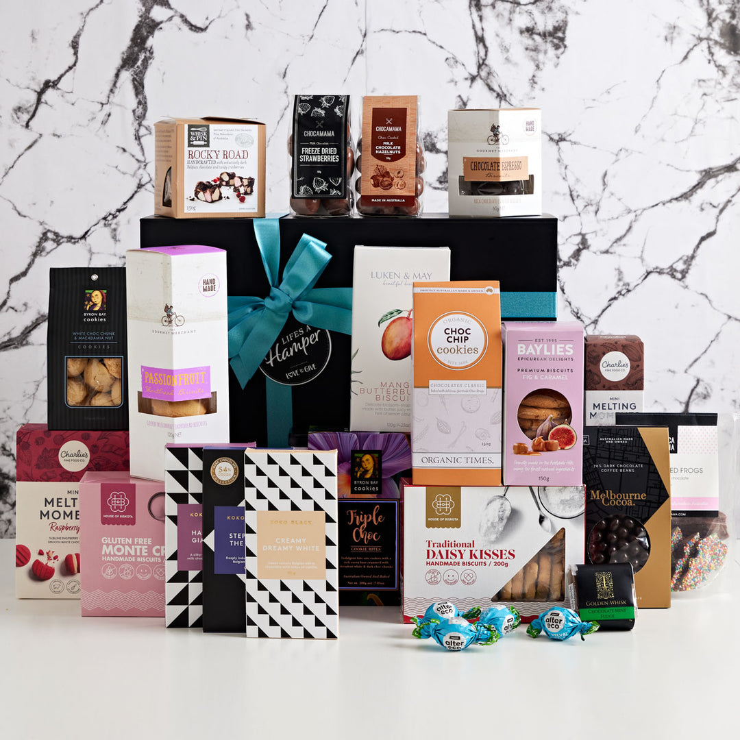 Biscuits and Chocolates Galore Hamper is a great corporate gifts hamper choice. This hamper is full of gourmet chocolate and biscuits that your clients, colleagues and teams will love.
