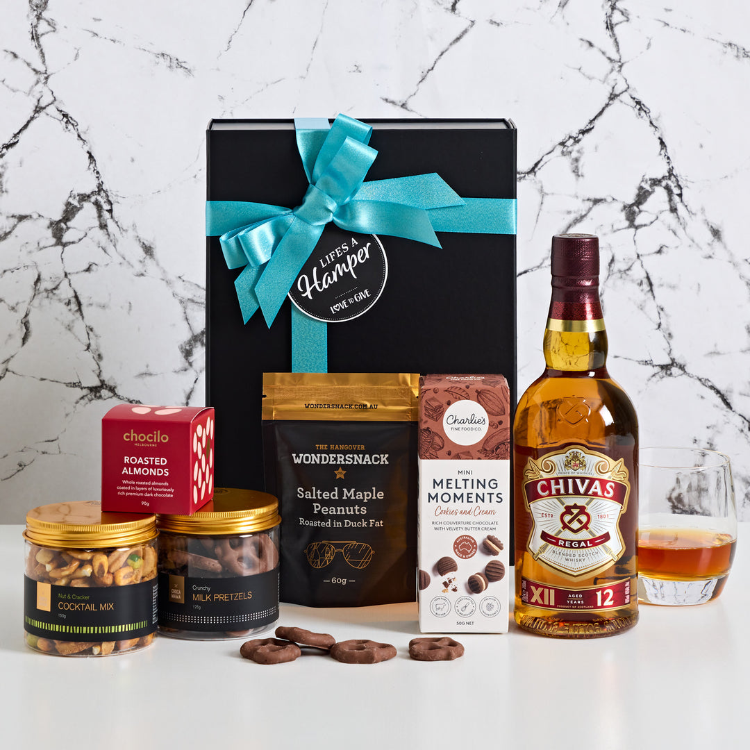 Chivas Regal Gift Hamper includes 12 year old Chivas Regal along with gourmet Australian snacks