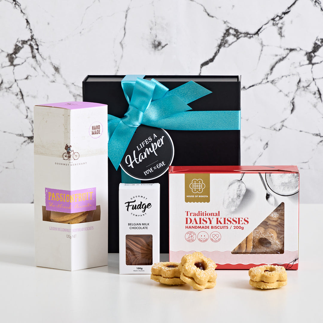 A delightful hamper of all things sweet our cookies and sweets gift hamper makes the best I'm thinking of you gift hamper. Delivered Australia Wide.