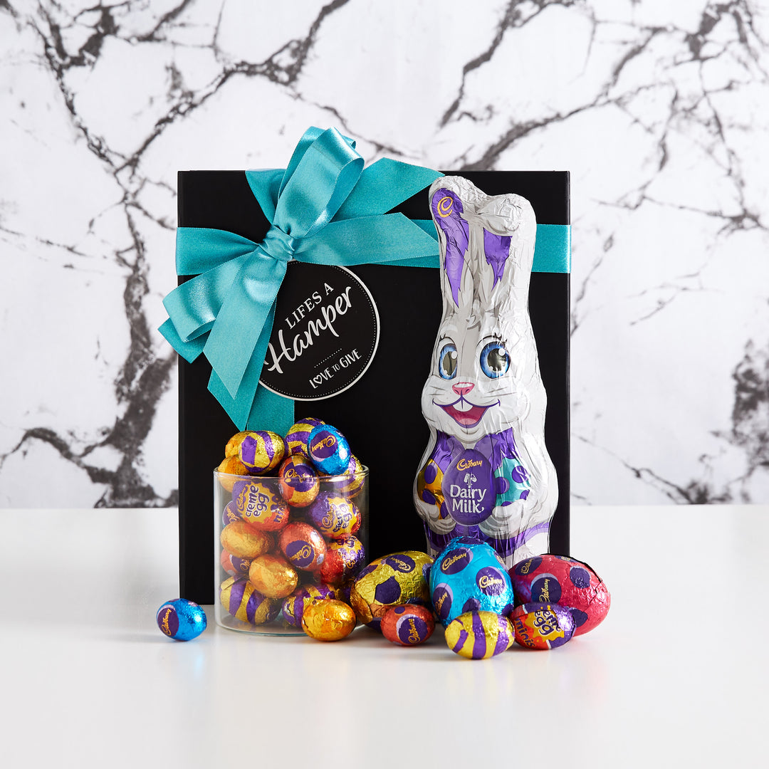 This Easter Bunny Hamper is the perfect Easter gift for kids. It comes with a Cadbury milk chocolate bunny, Cadbury hollow eggs and an assortment of mini chocolate eggs.
