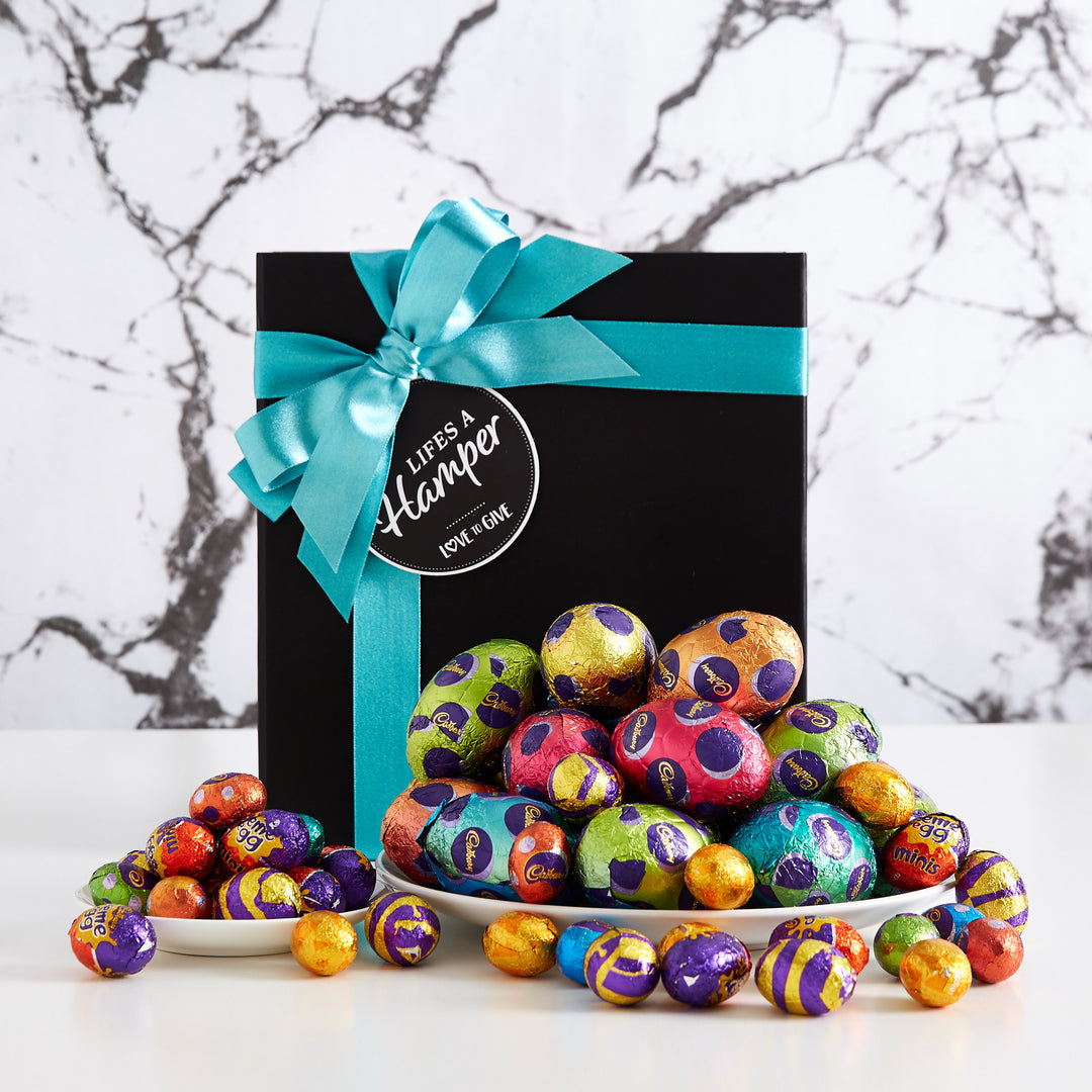 This easter egg hunt hamper includes a huge selection of small Cadbury milk assortment chocolates as well as lots of Cadbury hollow milk chocolate eggs.