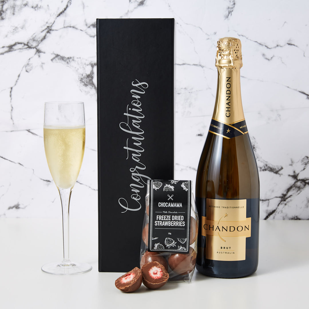 Congratulations Chandon Hamper comes with your own personalised box, a bottle of Chandon and chocolate covered freeze dried strawberries. This Congratulations Chandon Hamper is a simple and nice way to congratulate someone.