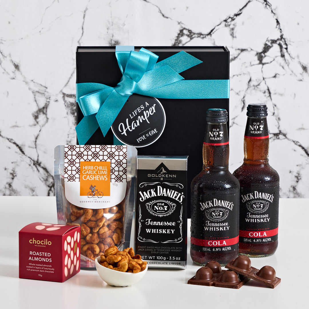 JD and Cola Gift Box includes a delightful Jack Daniels Chocolate and Snacks along with two Jack Daniels and Cola premixes.