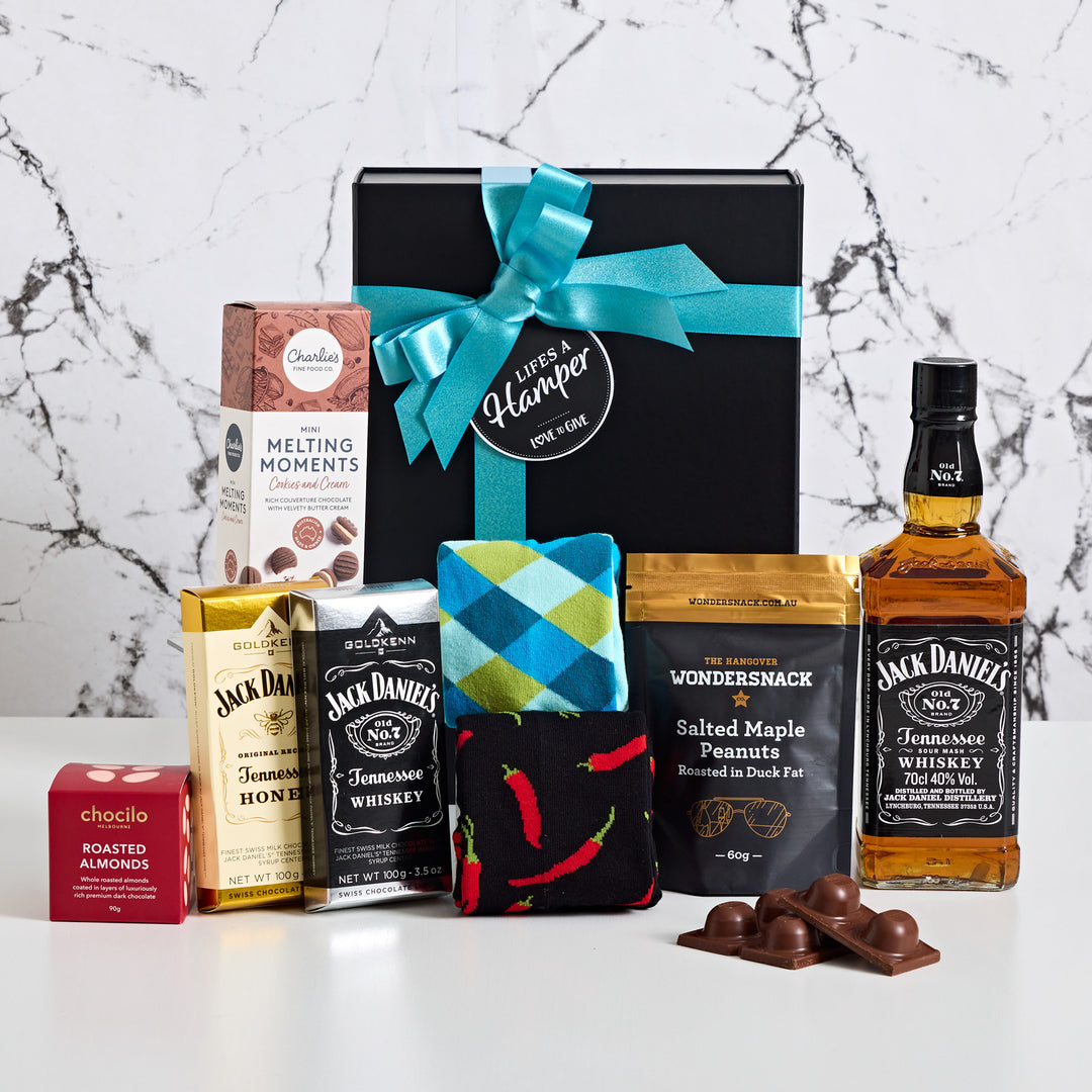 Jack Daniels & Socks Gift hamper comes with two modern bamboo socks along with a bottle of Jack Daniel's and delicious snacks.