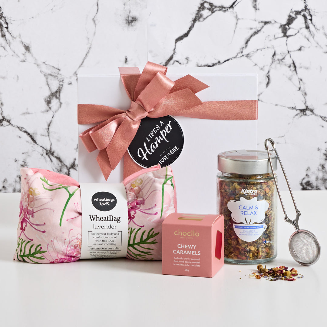 Kintra Calm and Relax Organic Tea Hamper makes a lovely Mother's Day gift hamper. It comes with a delicious loose leaf tea, tea strainer and a lavender scented wheat bag by wheatbags loves.