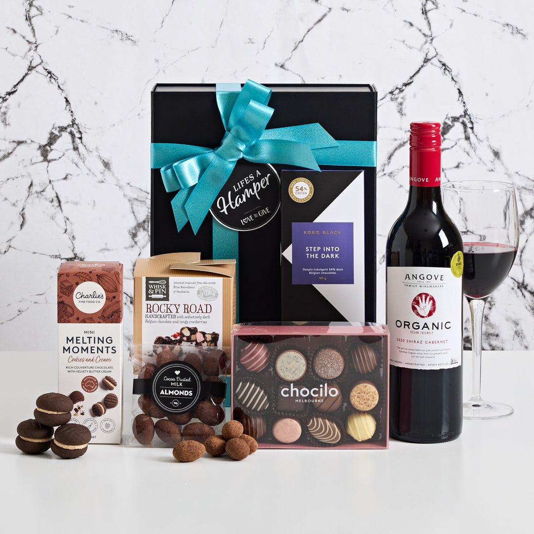 Organic Red Wine and Chocolate Hamper is the perfect treat for birthdays and get well soon gifts. It comes with a delicious bottle of Angove organic Shiraz Cabernet and some irresistible chocolate delights.
