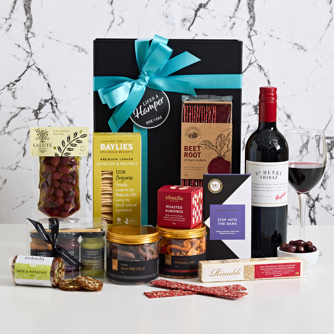 St Henri Shiraz Gourmet Hamper comes with a selection of artisan treats your recipient will enjoy and love.