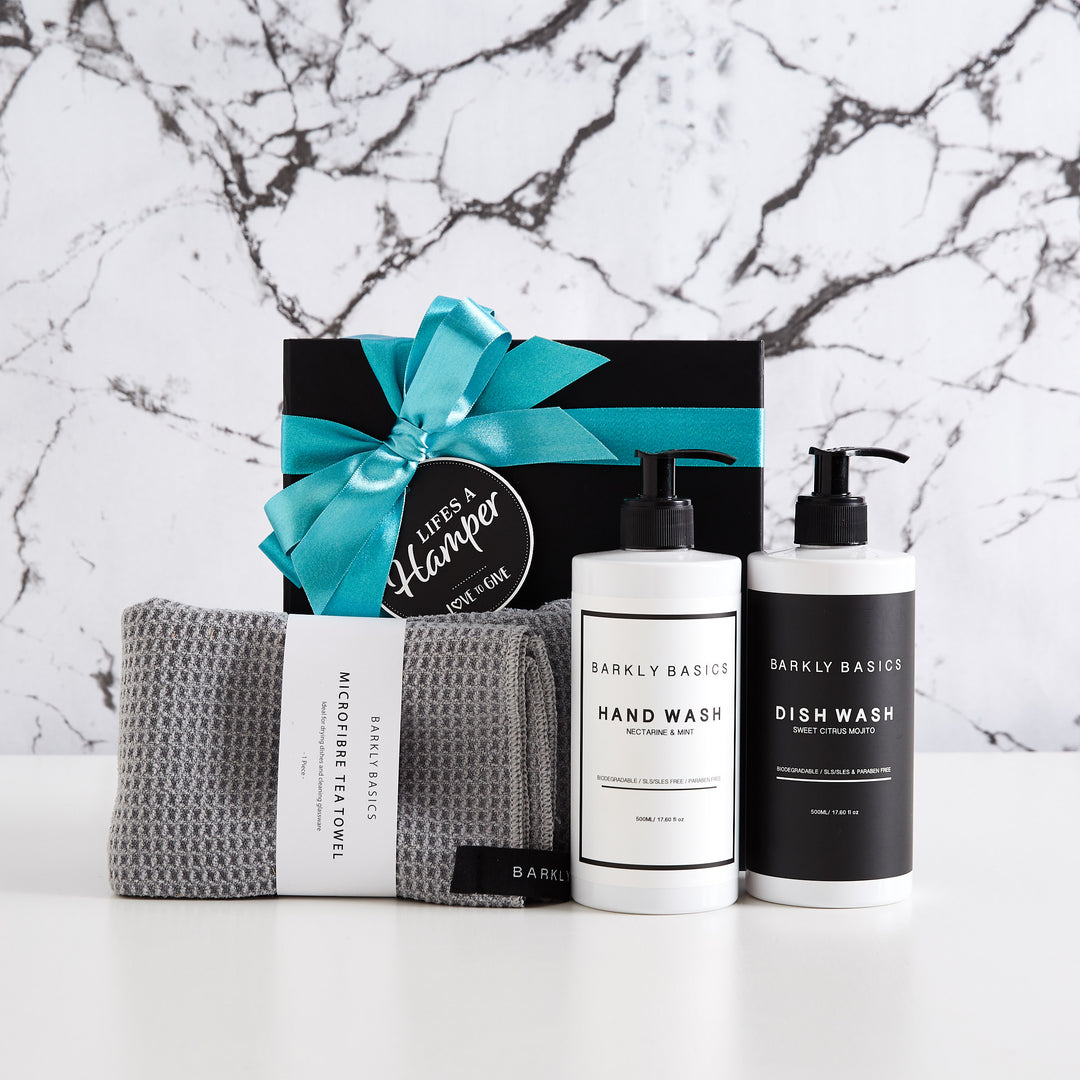 Stylish Kitchen gift hamper includes barkly basics dish wash, hand wash and tea towel.