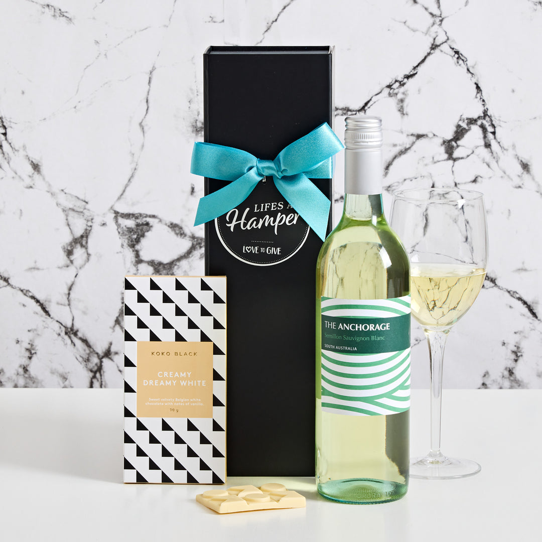 The Anchorage Semillion Sauvignon Blanc with a black of Koko Black Creamy, Dreamy White Chocolate Bar.