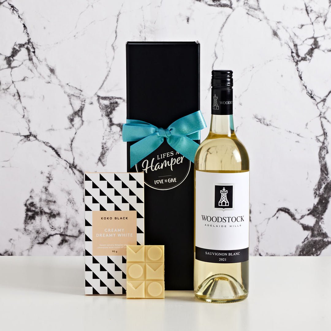Woodstock Sauvignon Blanc and Koko Black Creamy Dreamy White Chocolate bar.