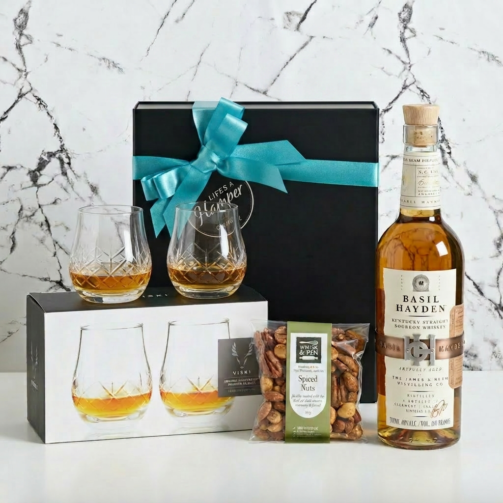Basil Hayden Bourbon, bourbon whisky glasses and spiced nuts.