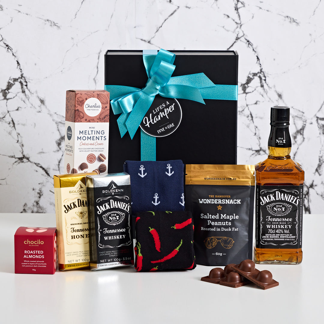 Jack Daniels & Socks Gift hamper comes with two modern bamboo socks along with a bottle of Jack Daniel's and delicious snacks.