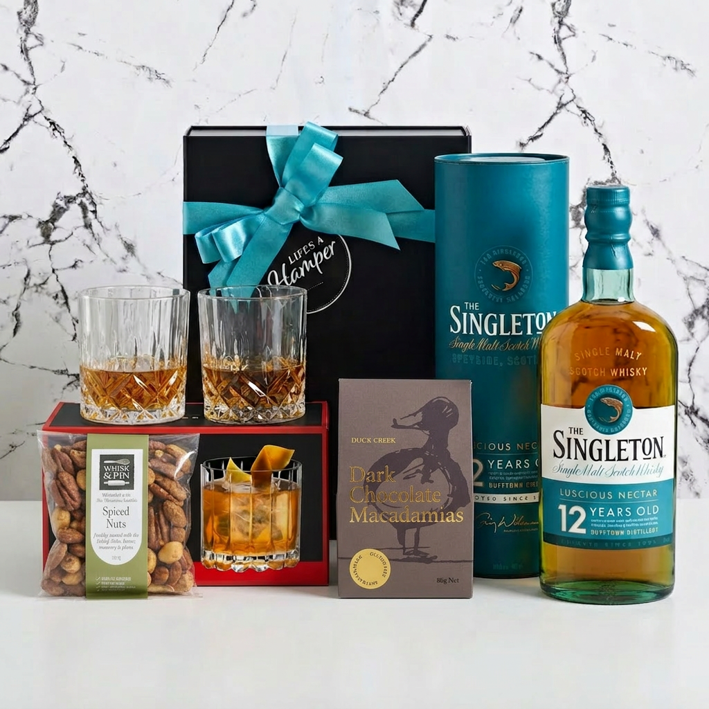 Luxury Scotch hamper comes with a bottle of Singletin, Riedel Scotch glasses, spiced nuts and duck creek chocolate macadamia's.