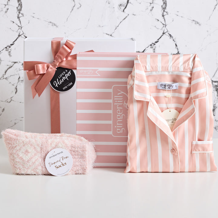 Gingerlily harriet pyjamas and Annabel trends pink diamond room socks makes this hamper a wonderful Mother'd Day gift idea.