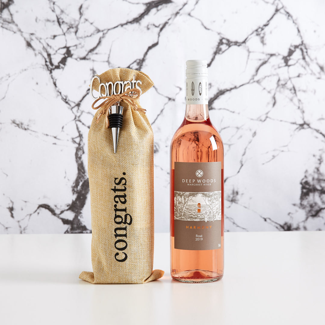 Rose Wine lovers will appreciate this modern, reusable gift bag with congrats on it. This makes a great staff gift.