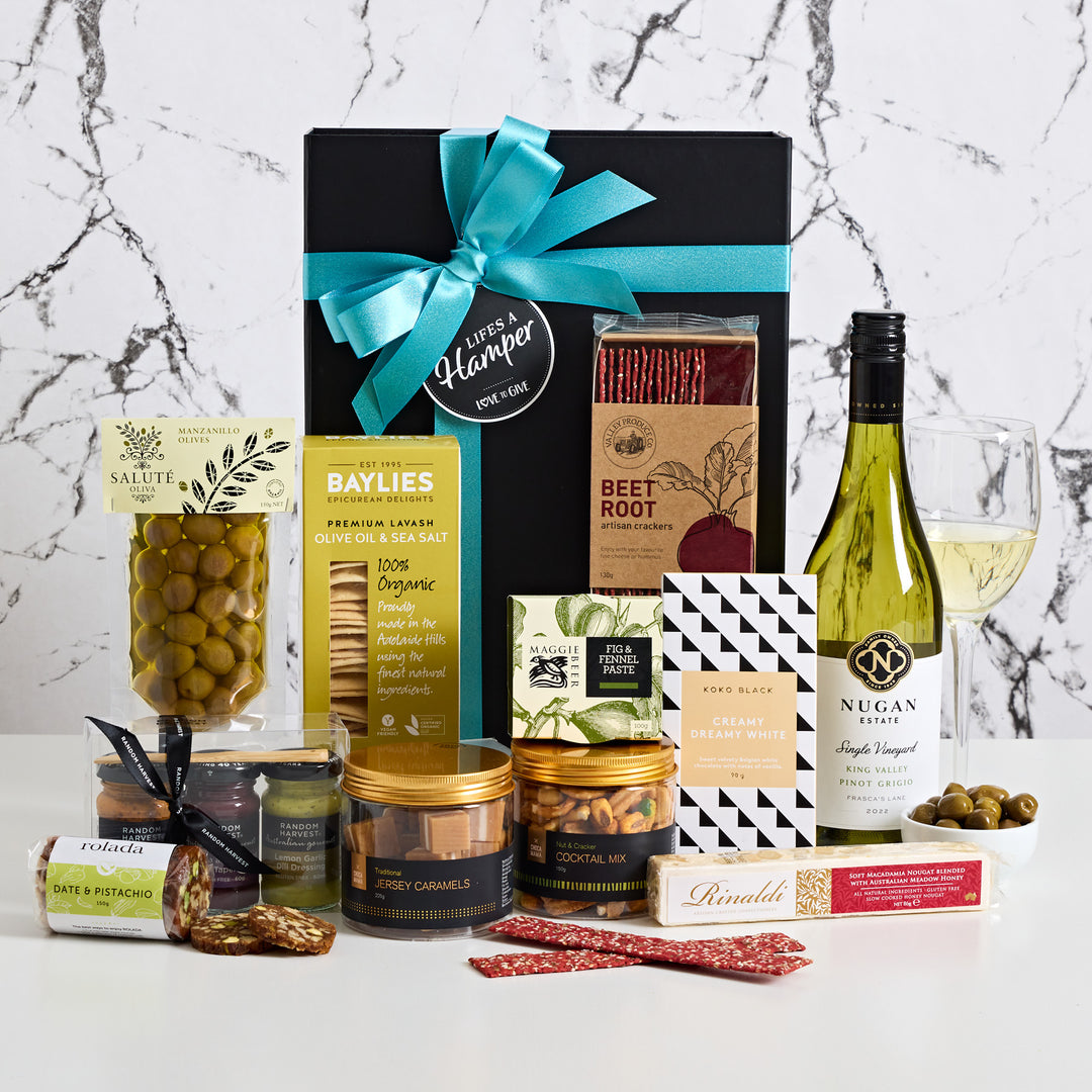 Gourmet Pinot Grigio a lovely hamper to impress a client, staff or family member.