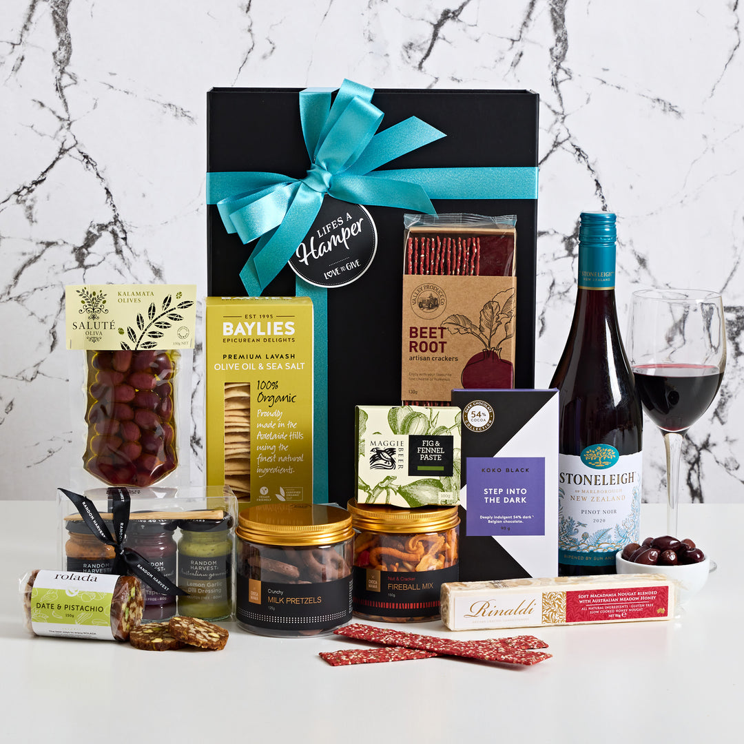 Stoneleigh Pinot Noir and gourmet treats all stylishly presented in our signature black magnetic box with blue ribbon.