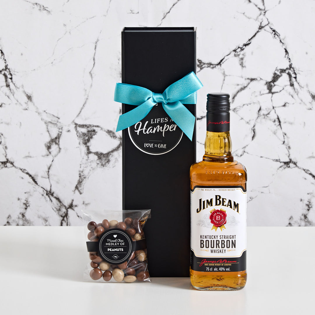 Jim Beam Bourbon gift Hamper incudes a bottle of Jim Beam Kentucky Straight Bourbon Whisky & Medley of Peanuts
