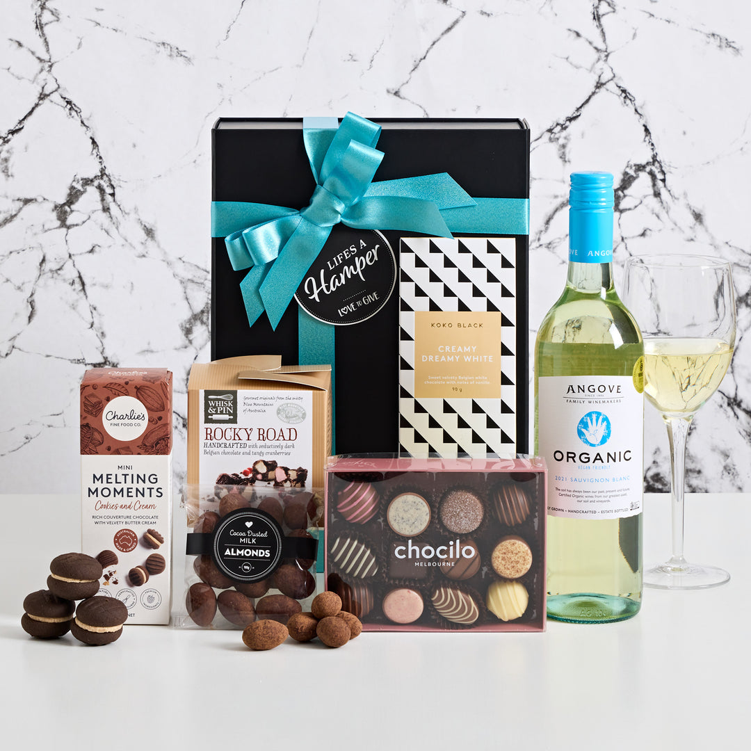 Angove Organic White Wine and a selection of sweet treats makes this Organic White Wine & Chocolates hamper irresistible.