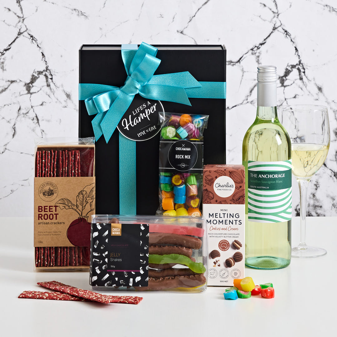 White Wine Gift Box has a wonderful selection of gourmet treats including a bottle of The Anchorage Semillion Sauvignon Blanc