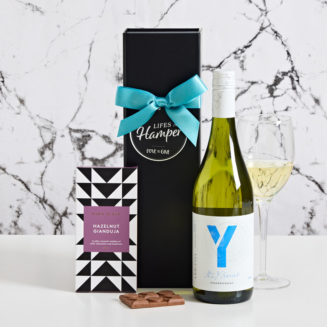 Yallumba Y Series Chardonnay Hamper comes with a bottle of Y Series Chardonnay and Koko Black Chocolate.