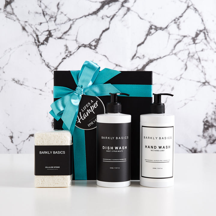 This gift hamper includes Barkly Basics dish wash, hand wash and sponges. The perfect gift hamper for a kitchen renovation gift or a settlement or housewarming gift.